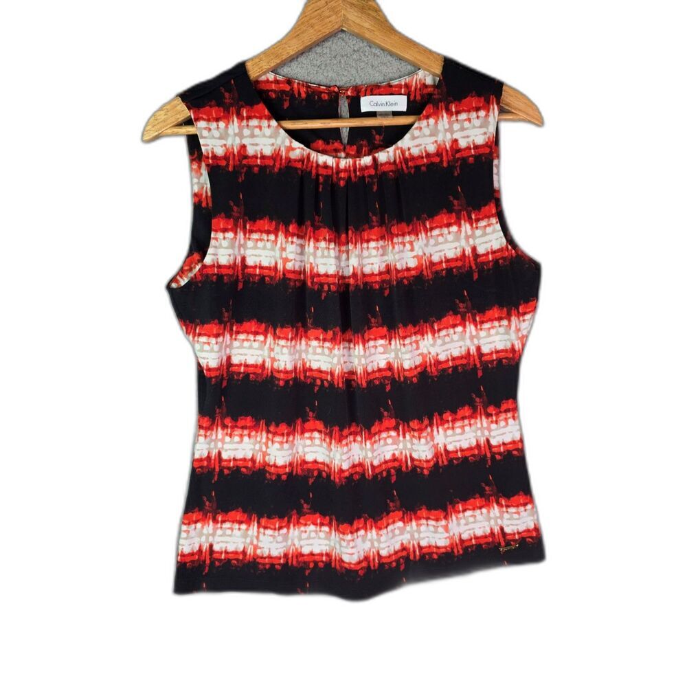 Calvin Klein Sleeveless Blouse Large Orange Black White Ruched Neck Top